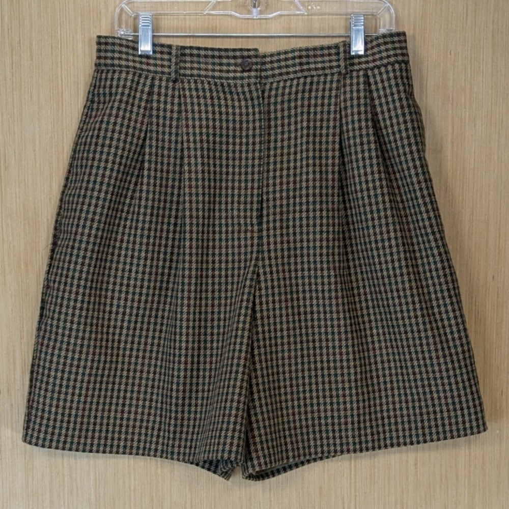 Vintage Preppy Old Money Houndstooth Pleated Shorts 14 Size Brown Wool Blend
